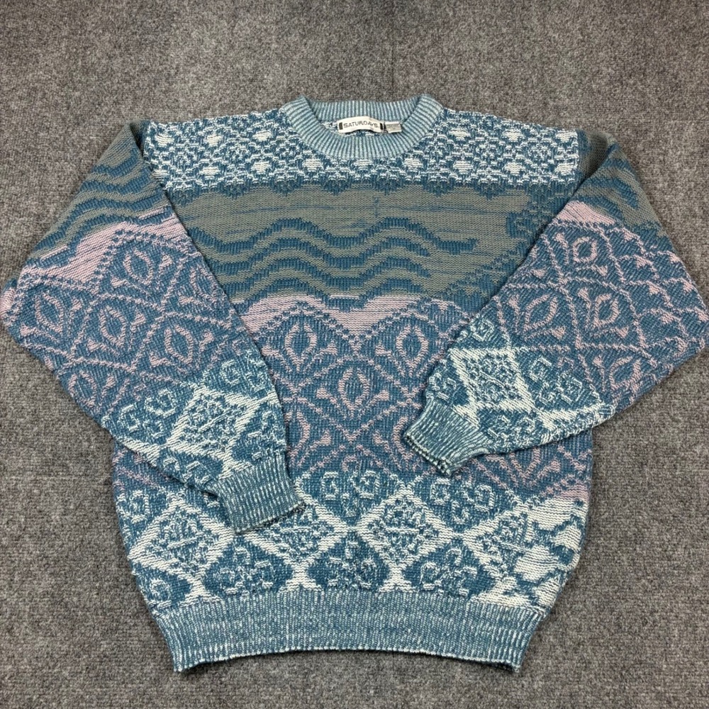 Vintage Saturdays Mens Blue Geometric Knit Crew Neck Sweater Size M 90s Retro